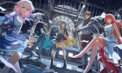 Rule 34 | 3boys, 3girls, absurdres, black hair, black overskirt, blue eyes, blue jacket, blue skirt, breasts, brown hair, bu bai (wres2744), chinese commentary, commentary request, dan heng (honkai: star rail), dan heng (hunt) (honkai: star rail), full body, green eyes, grey hair, highres, himeko (honkai: star rail), honkai: star rail, honkai (series), jacket, long hair, long sleeves, looking at viewer, march 7th (honkai: star rail), march 7th (preservation) (honkai: star rail), medium breasts, medium hair, miniskirt, multicolored eyes, multiple boys, multiple girls, off-shoulder jacket, off shoulder, pink hair, pink jacket, shirt, short hair, skirt, standing, stelle (honkai: star rail), sunday (honkai: star rail), thigh strap, tied jacket, trailblazer (honkai: star rail), two-tone eyes, underbust, welt yang, white hair, white shirt, yellow eyes