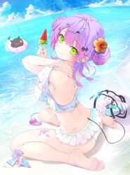 1girl ass bag bare_legs barefoot beach bibi_(tokoyami_towa) bikini bikini_skirt blush bottle braid breasts closed_mouth commentary_request conch day demon_tail double_bun ear_piercing earrings fang feet flower flower_tattoo food from_side green_eyes hair_bun hair_flower hair_ornament hair_ribbon hairclip heart heart-shaped_pupils heart_tattoo hibiscus highres holding holding_food holding_popsicle hololive horizon innertube jewelry knr_rer large_breasts leg_tattoo light_rays looking_at_viewer lotion low_twin_braids multicolored_hair nail_polish ocean orange_flower outdoors piercing pink_hair pointy_ears popsicle purple_hair purple_nails ribbon seashell seiza shell shore sitting skin_fang smile soles solo streaked_hair sunbeam sunlight sunscreen swim_ring swimsuit symbol-shaped_pupils tail tattoo toes tokoyami_towa turning_head twin_braids two-tone_hair very_long_fingernails virtual_youtuber water water_bottle watermelon_bar white_bikini white_ribbon