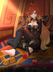 1girl :q absurdres barefoot black_bodysuit black_gloves black_socks bodysuit breasts brown_eyes brown_hair cleavage closed_mouth commission dressing earrings feet flame_print genshin_impact gloves gradient_hair hair_between_eyes highres indoors jewelry kazenokaze large_breasts legs long_hair long_sleeves looking_at_viewer mavuika_(genshin_impact) multicolored_hair print_socks shrug_(clothing) smile socks soles solo tongue tongue_out very_long_hair