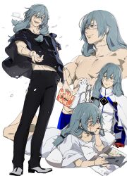black_pants blue_eyes blue_hair chain character_request cosplay food food_in_mouth full_body gloves heterochromia highres jujutsu_kaisen long_hair mahito_(jujutsu_kaisen) male_focus midriff_peek multiple_views nonockha pants pocky pocky_in_mouth reading simple_background standing steam stitched_arm stitched_face stitched_neck stitched_torso stitches topless_male white_background white_gloves yellow_eyes