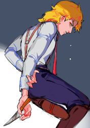 Rule 34 | 1boy, aged down, blonde hair, blue pants, boots, brown boots, crying, dio brando, full body, glaring, hand on own arm, highres, holding, holding knife, jojo no kimyou na bouken, knife, lighthouse (lt yummy), looking at viewer, male focus, medium hair, necktie, pants, phantom blood, red necktie, shirt, sketch, suspenders, white shirt, yellow eyes