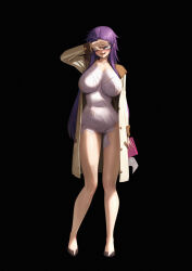 1girl bare_legs black_background blush breasts coat covering_own_eyes full_body glasses gluteal_fold highres huge_breasts large_breasts long_hair naughty_face opaque_glasses paper purple_hair qingmingtongzi read_or_die smile solo thigh_gap thighs very_long_hair yomiko_readman