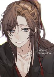 Rule 34 | 1boy, bishounen, black hanfu, blurry, brown hair, chinese clothes, collarbone, grey eyes, gymnasium119, hair ribbon, hanfu, long hair, looking at viewer, male focus, modao zushi, parted lips, ponytail, red ribbon, ribbon, sidelocks, simple background, smile, solo, twitter username, upper body, wei wuxian, white background