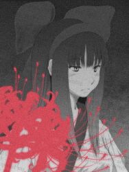 1girl black_hair breasts flower hair_ribbon half-closed_eyes highres long_hair medium_breasts monochrome nakoruru ribbon samurai_spirits snk solo the_king_of_fighters