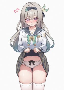 Rule 34 | 1girl, :|, belly, blush, bow, bow panties, bowtie, chideno, closed mouth, clothes lift, firefly (honkai: star rail), firefly (spring missive) (honkai: star rail), flying sweatdrops, gradient eyes, gradient hair, green bow, green bowtie, green pupils, grey hair, grey hairband, grey ribbon, grey sailor collar, hair between eyes, hair intakes, hair ornament, hair ribbon, hairband, highres, honkai: star rail, honkai (series), lifting own clothes, long hair, multicolored eyes, multicolored hair, navel, panties, plaid bow, plaid bowtie, plaid clothes, ribbon, sailor collar, simple background, skirt, skirt lift, solo, thighhighs, underwear, white background, white panties, white thighhighs