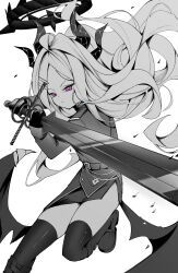 Rule 34 | 1girl, absurdres, ahoge, belt, black halo, black thighhighs, blue archive, clover dot (clov erd), demon girl, demon horns, demon wings, halo, highres, hina (blue archive), holding, holding sword, holding weapon, horns, long hair, looking at viewer, low wings, monochrome, purple eyes, simple background, skirt, solo, sword, thighhighs, thighs, weapon, white background, wings, zettai ryouiki