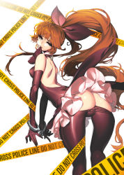 1990s_(style) 1girl ass bad_id bad_pixiv_id bare_back bent_over black_gloves black_pantyhose blue_eyes caution_tape clothes_pull cuffs dress elbow_gloves female_focus from_behind from_side gloves hair_ribbon handcuffs haneoka_meimi hichi highres kaitou_saint_tail long_hair mouth_hold orange_hair pantyhose pantyhose_pull ponytail retro_artstyle ribbon saint_tail simple_background solo striped_background thighhighs very_long_hair