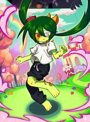 4girls black_pants cactus_girl castle colored_sclera colored_skin commentary english_commentary full_body gauze gauze_over_eye green_eyes green_skin highres long_hair looking_at_viewer low_twintails monster_girl multiple_girls original pants plant_girl red_eyes satanmanse shirt solo standing standing_on_one_leg sweatpants thorns tree twintails white_shirt yellow_sclera