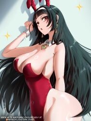1girl animal_ears astra_yao black_hair breasts cleavage detached_collar earrings fake_animal_ears hairband highleg highleg_leotard highres jewelry large_breasts leotard long_hair opalis open_mouth playboy_bunny rabbit_ears red_eyes red_leotard strapless strapless_leotard very_long_hair white_hairband wrist_cuffs zenless_zone_zero