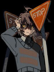 Rule 34 | 1other, black background, blue sweater, brown hair, double horizontal stripe, english text, frisk (undertale), highres, matu (t iyou8), other focus, road sign, short hair, sign, simple background, solo, stop sign, sweater, teeth, undertale, upper body, yellow eyes