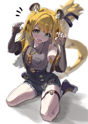 1girl absurdres animal_ear_fluff animal_ears black_gloves bow collared_shirt elbow_gloves fingerless_gloves gloves green_eyes grey_shirt high-waist_shorts highres jacket ju_fufu open_mouth orange_fur shirt shorts simple_background sitting smile striped_fur tail tail_bow tail_ornament thigh_strap tiger_ears tiger_girl tiger_stripes tiger_tail tora_(kumo_sakamoto) wariza yellow_jacket zenless_zone_zero