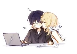 1boy 1girl ahoge aranara_(genshin_impact) bespectacled black_hair black_shirt black_sleeves blonde_hair blunt_ends blush closed_eyes collarbone collared_shirt computer couple dress earrings eyeliner eyeshadow facing_another feather_earrings feathers genshin_impact glasses heart hetero highres huhu_norii jewelry kiss kissing_cheek laptop lumine_(genshin_impact) makeup no_mouth paper_stack red_eyeliner red_eyeshadow rimless_eyewear scaramouche_(genshin_impact) shirt short_hair short_hair_with_long_locks short_sleeves sidelocks sleeveless sleeveless_dress sweatdrop white_background white_dress white_feathers wispy_bangs