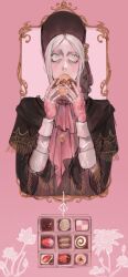 1girl ascot aureocaelo bloodborne brown_dress candy doll_joints dress eating food frilled_dress frills gem gloves green_eyes hat highres joints medium_hair plain_doll solo upper_body white_hair