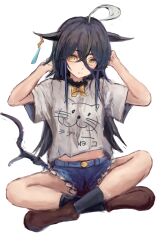 1girl ahoge animal_ears black_hair black_socks blue_shorts blush bow closed_mouth crossed_arms denim denim_shorts ear_tag earrings grey_shirt hair_between_eyes horse_ears horse_girl horse_tail jewelry long_bangs long_hair long_hair_between_eyes looking_at_viewer manhattan_cafe_(umamusume) midriff multicolored_hair shirt shoes short_sleeves shorts simple_background single_earring sitting socks solo tail umamusume white_background white_hair yanagi_wakana yellow_bow yellow_eyes