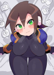 1girl absurdres aile_(mega_man_zx) black_bodysuit blue_jacket blush bodysuit breasts breath brown_hair buzzlyears cowboy_shot cropped_jacket green_eyes highres jacket large_breasts looking_at_viewer mega_man_(series) mega_man_zx on_bed open_clothes open_jacket robot_ears short_hair sitting solo used_tissue