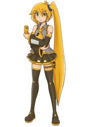 1girl akita_neru antenna_hair bare_shoulders black_boots black_skirt black_sleeves black_thighhighs blonde_hair blush boots cellphone commentary crossed_arms detached_sleeves english_commentary flip_phone frown full_body grey_shirt hair_tie highres holding holding_phone holster long_hair looking_at_viewer miniskirt mixed-language_commentary necktie official_art phone pleated_skirt shirt shoulder_tattoo side_ponytail skirt sleeveless sleeveless_shirt smith_hioka solo tachi-e tan tattoo thick_thighs thigh_boots thigh_holster thigh_strap thighhighs thighs transparent_background v-shaped_eyebrows very_long_hair vocaloid yellow_eyes yellow_necktie zettai_ryouiki