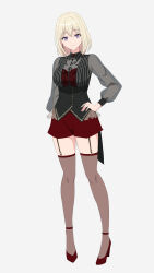 1girl absurdres amoris_(bang_dream!) bang_dream! bang_dream!_it&#039;s_mygo!!!!! black_shirt black_vest blonde_hair breasts commentary cosplay earrings full_body garter_straps hair_between_eyes hashtag-only_commentary high_heels highres jewelry kawai_akamai looking_at_viewer medium_breasts medium_hair misumi_uika red_shoes red_shorts red_thighhighs see-through_clothes see-through_sleeves shirt shoes shorts simple_background solo thighhighs vest white_background yuutenji_nyamu yuutenji_nyamu_(cosplay)