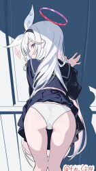 1girl absurdres against_wall ass ass_focus bent_over black_headband black_sailor_collar black_serafuku black_skirt blue_archive bow braid clothes_lift fei_ciyu from_behind grey_eyes hair_bow hair_ribbon halo hand_on_wall headband heart highres leaning_forward loli long_hair long_sleeves looking_at_viewer looking_back nape panties pink_halo plana_(blue_archive) pout red_pupils ribbon sailor_collar school_uniform serafuku shadow single_braid skirt skirt_lift solo thighs twitter_username underwear very_long_hair white_bow white_hair white_panties