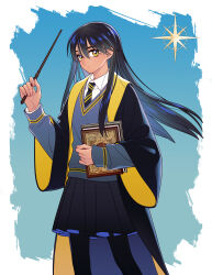 1girl absurdres black_hair blue_background book chinese_commentary collared_shirt commentary_request cosplay dark-skinned_female dark_skin feet_out_of_frame gradient_background gundam gundam_gquuuuuux harry_potter_(series) highres hogwarts_school_uniform holding holding_book holding_wand hufflepuff long_hair looking_at_viewer necktie noelsion nyaan_(gundam_gquuuuuux) open_mouth pantyhose parody robe school_uniform shirt smile solo sweater wand wizarding_world yellow_eyes