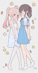 2girls absurdres ahoge arms_behind_back bare_arms bare_shoulders black_hair blue_dress bobby_socks brown_eyes brown_hair commentary_request dress grey_background grey_dress grey_shirt grid_background hair_ornament hair_ribbon hairclip highres long_hair looking_at_viewer multicolored_hair multiple_girls no_shoes onii-chan_wa_oshimai! own_hands_together oyama_mahiro oyama_mihari pantyhose ponytail puffy_short_sleeves puffy_sleeves purple_hair red_ribbon ribbon shirt short_sleeves sleeveless sleeveless_dress socks star_(symbol) two-tone_hair white_pantyhose white_socks yamano_(yamanoh)