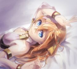1girl armlet bare_shoulders blue_eyes bracelet breasts brown_hair center_opening ciel_nosurge cleavage flower hair_flower hair_ornament highres ionasal_kkll_preciel jewelry long_hair looking_at_viewer no_bra on_bed small_breasts smile solo surge_concerto very_long_hair white_flower yoshiomi