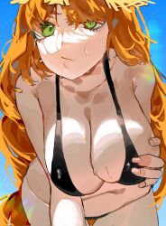 Rule 34 | 1girl, bikini, black bikini, breasts, cleavage, collarbone, freckles, green eyes, hat, highres, ishmael (project moon), large breasts, limbus company, long hair, orange hair, project moon, solo, straw hat, sweat, swimsuit, yongsadragon