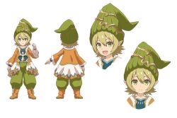 1boy baggy_pants blonde_hair reference_sheet dwarf dwarf_(grimms_notes) green_eyes grimms_notes grimms_notes_the_animation hat kawashima_hisashi male_focus multiple_views official_art open_mouth outstretched_arm pants short_hair simple_background smile white_background
