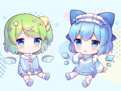 2girls :d blue_background blue_bow blue_eyes blue_hair blue_hairband blue_jacket blue_shoes blush bow chibi chibi_only cirno closed_mouth coa_(chroo_x) commentary_request daiyousei detached_wings fairy_wings frilled_hairband frills full_body green_hair hair_bow hair_ornament hair_ribbon hairband hand_up ice ice_wings jacket long_sleeves melting multiple_girls one_side_up open_mouth ribbon shoes short_hair sitting smile socks star_(symbol) star_hair_ornament touhou track_jacket white_socks wings x_hair_ornament yellow_ribbon