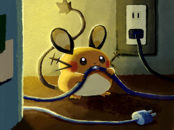 aruco_co biting blush_stickers cable commentary dedenne electric_plug electrical_outlet gen_6_pokemon highres nintendo no_humans pokemon pokemon_(creature) solo