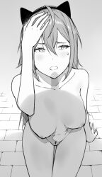 1girl animal_ear_hairband animal_ears breasts cat_ear_hairband cat_ears collarbone completely_nude enpix fake_animal_ears female_pubic_hair from_above hairband hand_on_own_head highres large_breasts long_hair looking_at_viewer nipples nude original penis_shadow pubic_hair sitting solo thighs