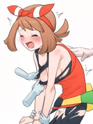 1girl arched_back bike_shorts blush bow_hairband breasts brown_hair closed_eyes collarbone commentary_request disembodied_hand fanny_pack hairband hand_on_another&#039;s_back holding_another&#039;s_wrist lower_teeth_only mari_(crjcfwmu0f89381) may_(pokemon) molestation nintendo open_mouth pokemon pokemon_oras raised_eyebrows red_hairband red_shirt shirt simple_background sweat tearing_clothes tearing_up teeth tongue torn_bike_shorts torn_clothes trembling white_background yellow_bag