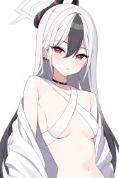 1girl black_choker black_hair black_horns blue_archive blush breasts choker commentary_request demon_horns ear_piercing grey_hair hair_between_eyes halo highres horns kayoko_(blue_archive) looking_at_viewer multicolored_hair navel off_shoulder parted_lips piercing red_eyes shirt small_breasts solo stomach two-tone_hair ugai0524 white_shirt