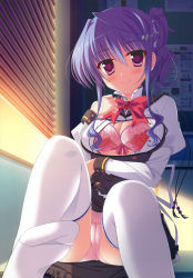 Rule 34 | 1girl, absurdres, blush, bow, bow bra, bra, breasts, cameltoe, cleavage, feet, female focus, highres, image sample, kitamikado ayaka, lace, lace-trimmed bra, lace trim, lingerie, medium breasts, moonstone, no shoes, open clothes, open shirt, panties, pantyshot, princess evangile, purple hair, saeki nao, school uniform, shirt, smile, solo, thighhighs, underwear, upskirt, white thighhighs, window blinds