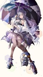 1girl ahoge bangboo_(zenless_zone_zero) black_panties black_pantyhose breasts commentary_request dress drill_hair full_body highres holding holding_umbrella large_breasts long_hair mole mole_under_eye panties pantyhose pinjirooo purple_eyes sideboob simple_background smile solo umbrella underwear upskirt vivian_(zenless_zone_zero) white_background white_dress zenless_zone_zero