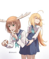 2girls absurdres ahoge antlers aqua_neckerchief blonde_hair blue_neckerchief blue_sailor_collar blue_skirt brown_hair clenched_teeth closed_eyes closed_mouth commentary cracker deer_antlers deer_cracker deer_girl dry_humping earing english_commentary food frottage gradient_background grinding highres holding holding_food horns humping koshi_torako linhcoris long_hair long_sleeves multiple_girls neckerchief pleated_skirt revision sailor_collar sailor_shirt school_uniform serafuku shikanoko_noko shikanoko_nokonoko_koshitantan shirt short_hair simple_background skirt teeth twitter_username very_long_hair white_shirt