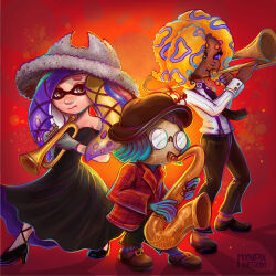 3girls aqua_hair artist_name backlighting bare_shoulders black_dress black_hat black_necktie black_pants black_shoes black_suspenders blonde_hair brown_shoes collared_shirt dark-skinned_female dark_skin domino_mask dress glasses grey_eyes grey_hat hair_over_one_eye hat height_difference highres holding holding_instrument holding_saxophone holding_trombone holding_trumpet instrument long_sleeves mask moonpix multiple_girls music necktie nintendo opaque_glasses orange_hair pants patterned_hair plaid_clothes plaid_shirt playing_instrument purple_eyes purple_hair red_background red_shirt round_eyewear saxophone shadow shirt shoes splatoon_(series) splatoon_3 strapless strapless_dress suction_cups tao_blu_(splatoon) tentacle_hair tosh_(splatoon) trombone trumpet white_shirt yoko_(splatoon)