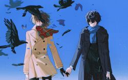 2boys akechi_gorou amamiya_ren bird black_coat black_gloves black_hair brown_hair closed_mouth coat cowboy_shot crow fsmaichobpeg0 glasses gloves hand_grab highres looking_at_another looking_to_the_side male_focus multiple_boys persona persona_5 short_hair single_tear yellow_coat