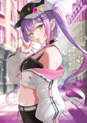 1girl absurdres bare_shoulders baseball_cap belt bibi_(tokoyami_towa) black_choker black_hat black_shirt blurry blurry_background candy choker cowboy_shot crop_top cropped_jacket ear_piercing food from_side green_eyes hand_up hat highres holding holding_candy holding_food holding_lollipop hololive horned_hat lollipop long_hair long_sleeves looking_at_viewer looking_to_the_side midriff nail_polish navel navel_piercing off_shoulder piercing pointy_ears puffy_long_sleeves puffy_sleeves purple_hair shirt sidelocks sleeveless sleeveless_shirt solo stomach tokoyami_towa tokoyami_towa_(1st_costume) twintails undershirt virtual_youtuber wakaunderblade7