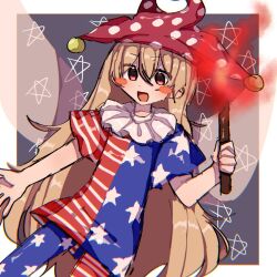1girl :d american_flag_dress blonde_hair blush_stickers clownpiece cowboy_shot fairy_wings hat jester_cap long_hair looking_at_viewer neck_ruff open_mouth outside_border owatakun pantyhose polka_dot red_eyes short_sleeves smile solo star_(symbol) star_print striped_clothes torch touhou very_long_hair wings