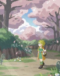 Rule 34 | 1girl, basket, belt, bianca (dq5), blonde hair, blue eyes, blue sky, boots, bracelet, braid, brown boots, cape, cherry blossoms, closed mouth, commentary request, dragon quest, dragon quest v, dress, earrings, falling petals, flower, full body, grass, green dress, green socks, highres, holding, holding basket, jewelry, long hair, looking to the side, nature, neck ring, orange cape, outdoors, pellrunks, petals, pink petals, scenery, single braid, sky, smile, socks, solo, tree, walking