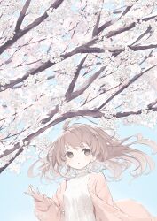 1girl ahoge brown_eyes brown_hair cherry_blossoms commentary_request day falling_petals floating_hair highres jacket lace_shirt long_hair long_sleeves looking_ahead open_clothes open_hand open_jacket open_mouth original outdoors petals pink_jacket rb2 shirt solo tree upper_body white_shirt
