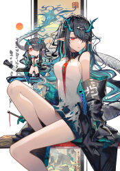 1girl absurdres aqua_hair arknights bare_shoulders black_hair breasts chibi chinese_commentary collared_dress colored_inner_hair commentary dragon_girl dragon_horns dragon_tail dress dusk_(arknights) earrings hair_over_one_eye highres horns jewelry kanshio leg_up long_hair looking_at_viewer medium_breasts multicolored_hair necktie one_eye_covered orange_eyes pointy_ears red_necktie short_dress sitting sleeveless sleeveless_dress solo tail torn_clothes torn_necktie triangle_mouth two-tone_hair white_dress