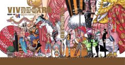 2girls 6+boys black_hair blonde_hair blue_hair bon_clay brook_(one_piece) buggy_the_clown cape cavendish_(one_piece) charlotte_katakuri cigar enel hat hattori_(one_piece) hooves horse jinbe_(one_piece) karue kouzuki_momonosuke leo_(one_piece) long_hair mermaid monkey_d._luffy monster_girl multiple_boys multiple_girls nekomamushi oda_eiichirou official_art one_piece perona red_hair rob_lucci scabbard shanks_(one_piece) sheath shirahoshi short_hair smoker_(one_piece) striped_legwear sword tagme thighhighs tony_tony_chopper trafalgar_law umbrella weapon white_background white_hair