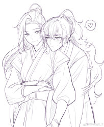 0jae 1boy 1girl blush chinese_clothes chinese_commentary erha_he_tadebai_mao_shizun hanfu head_on_another&#039;s_shoulder heart high_ponytail highres hug long_hair long_sleeves looking_at_another monochrome nangong_si notice_lines ponytail smile spoken_heart thick_eyebrows upper_body watermark weibo_watermark ye_wangxi