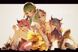 Rule 34 | 2girls, 2others, backlighting, blue eyes, blue hair, claw pose, collar, commentary request, diamond (shape), everyone, expressionless, flower (vocaloid), flower (vocaloid4), green hair, hat, head tilt, highres, holding hands, horns, hug, kanji connection, karanagare, knees up, lens flare, long hair, meika hime, meika mikoto, multicolored hair, multiple girls, multiple others, name connection, open mouth, partial commentary, pink hair, purple eyes, purple hair, red eyes, short hair, sitting, skirt, smile, squatting, streaked hair, symbol in eye, translated, vocaloid, white hair, white skirt, wide shot, xin hua, xin hua (vocaloid4), xin hua (vocaloid4) (japanese), yellow skirt