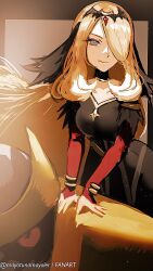 1girl artist_name black_border black_dress blonde_hair border bracelet closed_mouth commentary cynthia_(pokemon) cynthia_(sygna_suit)_(renegade)_(pokemon) dress eyelashes gen_4_pokemon giratina giratina_(altered) hair_over_one_eye jewelry legendary_pokemon looking_at_viewer mayotsunamayo nintendo outside_border pokemon pokemon_masters_ex red_sleeves smile solo tiara twitter_username