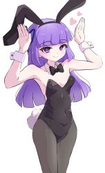 absurdres aikatsu! aikatsu!_(series) animal_ear_hairband animal_ears black_bow black_bowtie black_leotard blunt_bangs bow bowtie commentary_request detached_collar fake_animal_ears hairband highres hikami_sumire leotard long_hair nuanko pantyhose playboy_bunny purple_eyes purple_hair rabbit_ears rabbit_pose rabbit_tail simple_background smile strapless strapless_leotard tail white_background wrist_cuffs