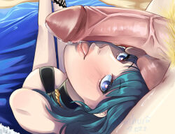 1boy 1girl alternate_costume aqua_hair bare_legs bikini black_bikini blue_eyes breasts dimitri_alexandre_blaiddyd fellatio female_byleth_(fire_emblem) female_focus fire_emblem fire_emblem:_three_houses fire_emblem_heroes from_above heart hetero highres kikuriehime kinkuri large_breasts licking licking_penis looking_back looking_up nintendo official_alternate_costume open_mouth oral penis sideboob solo_focus swimsuit testicles testicles_on_face tongue tongue_out