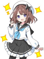 1girl :d black_bow black_pantyhose black_sailor_collar black_skirt blue_neckerchief blush bow brown_hair commentary_request cowboy_shot dot_nose frilled_skirt frills hand_up hat hat_bow highres kotatsu-mazoku long_sleeves looking_at_viewer neckerchief open_mouth original pantyhose pleated_skirt purple_eyes sailor_collar school_uniform serafuku shirt short_hair sidelocks simple_background skirt smile solo sparkle white_background white_hat white_shirt