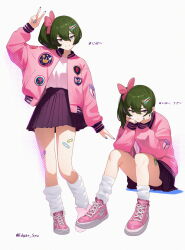 1girl absurdres bow commentary_request edgar_syu green_hair hair_between_eyes hair_bow hands_on_own_cheeks hands_on_own_face highres jacket knees_up long_sleeves loose_socks multiple_views pink_bow pink_jacket pleated_skirt pout purple_eyes side_ponytail simple_background sitting skirt smile socks solo sousou_no_frieren standing ubel_(sousou_no_frieren) v white_background white_socks